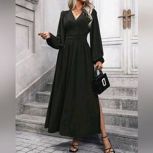 NEW Chic Ruched Waist Lantern Sleeve Maxi Dress Black